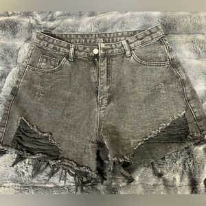 Distressed black denim shorts